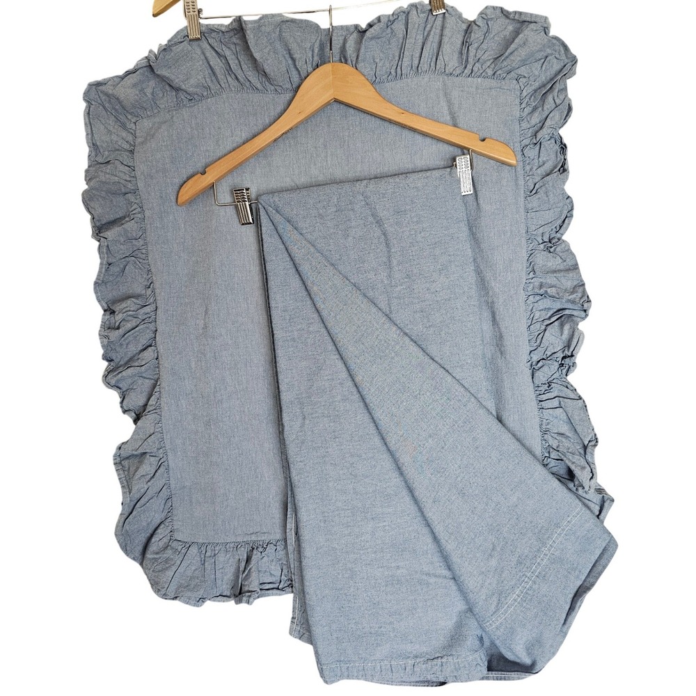 Ralph Lauren Blue Chambray Ruffle Euro Sham /Flat Sheet Set Cotton USA Queen
